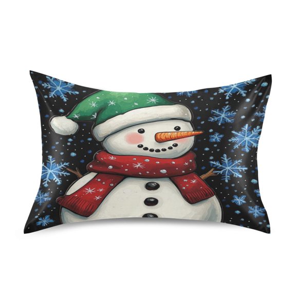 WOBOGO A Snowman with A Green Christmas Hat Satin Pillowcase Soft Smooth Envelope Design Comfortable Bedding Essentials 20×26in