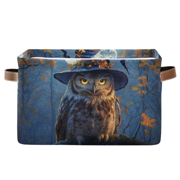 WOBOGO A Wise Old Owl Square Storage Basket with Waterproof Canvas and PE Lining Durable PU Leather Handles 14.2×10.2×8.3in