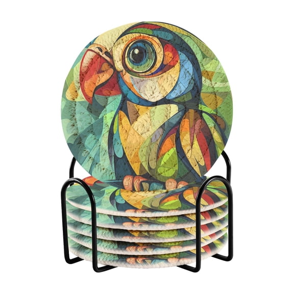WOBOGO Abstract Mini Parrot Coil Coasters Set of 6 Minimalist Cotton Woven 3.94 inch Non-Slip Insulated and Absorbent Home Accessories.