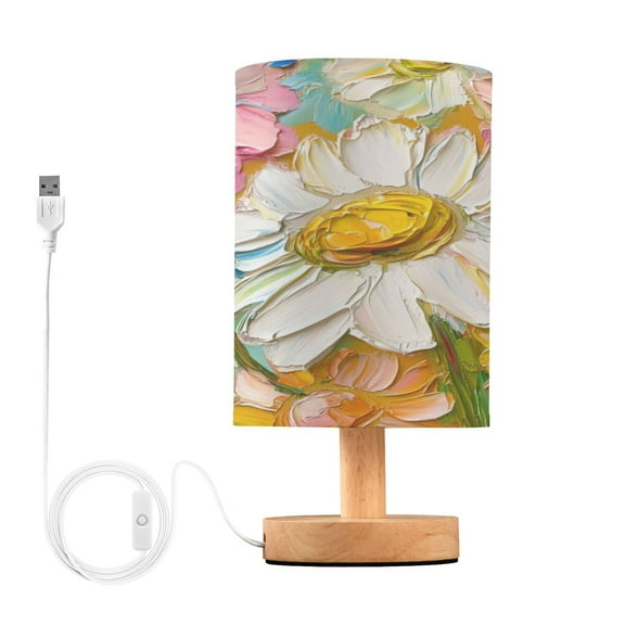 WOBOGO Abstract Oil Painting Flowers Bedroom Table Lamp USB Power Connector Wooden Base Round Linen Shade For Living Room Desk