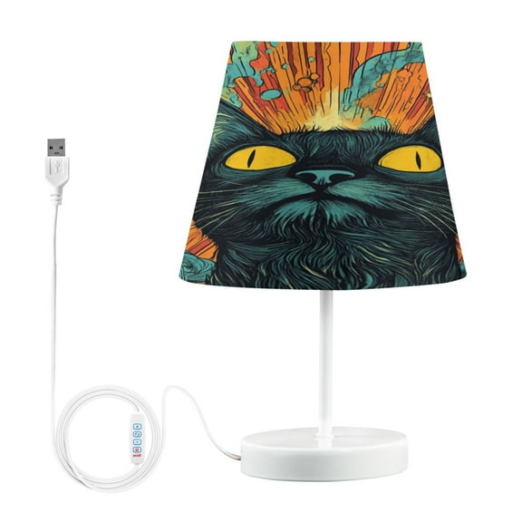WOBOGO Abstract Style Cat Pattern Table Lamps Bedroom 3-Speed Dimmable Farm Style with Fabric Shade for Reading and Home Office
