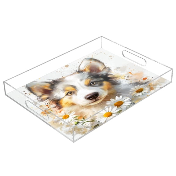 WOBOGO Acrylic Serving Trays 15.7x11.8 Inch Spill Proof Clear Decorative Organizer with Handle A Cute Border Collie with Daisies Pattern
