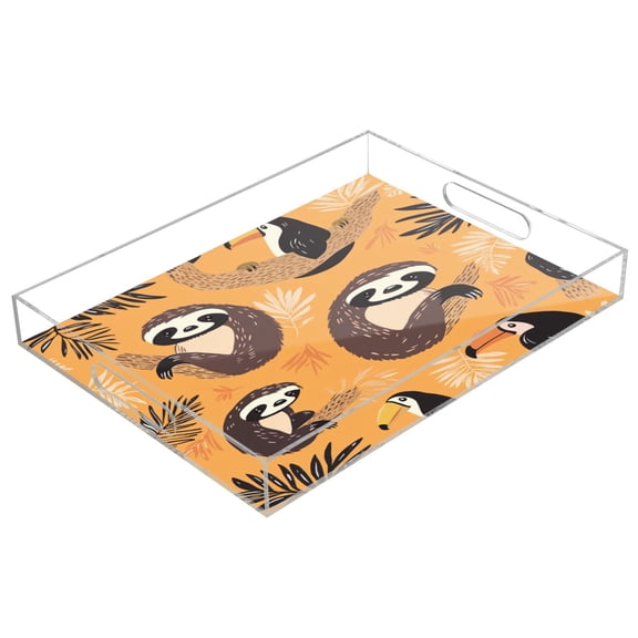 WOBOGO Acrylic Serving Trays 15.7x11.8 Inch Spill Proof Clear Decorative Organizer with Handle A Pattern with Cute Sloth and Toucan in The Jungle