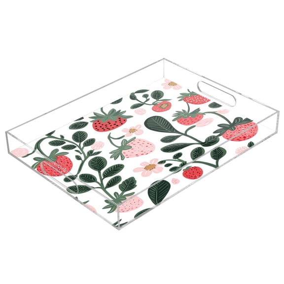 WOBOGO Acrylic Serving Trays 15.7x11.8 Inch Spill Proof Clear Decorative Organizer with Handle A Seamless Pattern with Cute Strawberries