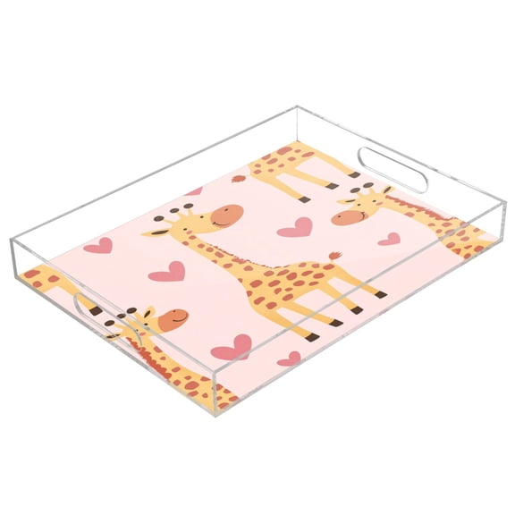 WOBOGO Acrylic Serving Trays 15.7x11.8 Inch Spill Proof Clear Decorative Organizer with Handle Adorable Cartoon Giraffes Heart Pattern