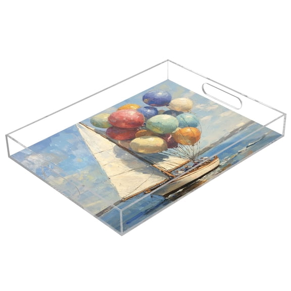 WOBOGO Acrylic Serving Trays 15.7x11.8 Inch Spill Proof Clear Decorative Organizer with Handle Balloon Sailing