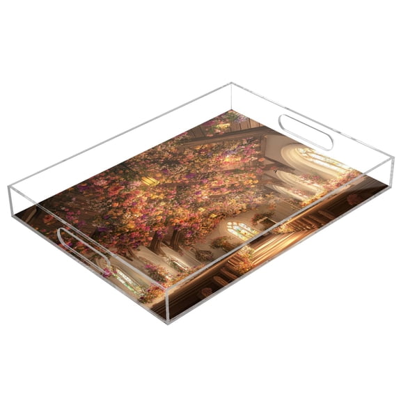 WOBOGO Acrylic Serving Trays 15.7x11.8 Inch Spill Proof Clear Decorative Organizer with Handle Beautiful Church