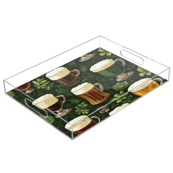 WOBOGO Acrylic Serving Trays 15.7x11.8 Inch Spill Proof Clear Decorative Organizer with Handle Beer Pattern with St Patricks