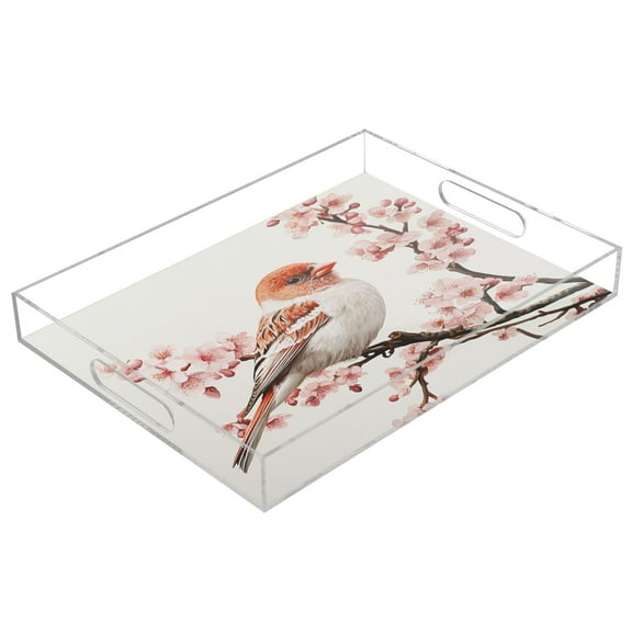 WOBOGO Acrylic Serving Trays 15.7x11.8 Inch Spill Proof Clear Decorative Organizer with Handle Birds Perched on Branches