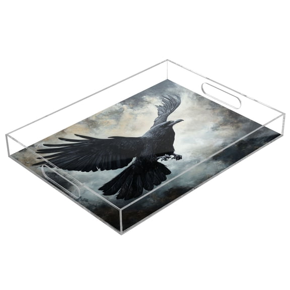 WOBOGO Acrylic Serving Trays 15.7x11.8 Inch Spill Proof Clear Decorative Organizer with Handle Black Bird