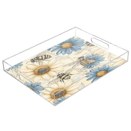WOBOGO Acrylic Serving Trays 15.7x11.8 Inch Spill Proof Clear Decorative Organizer with Handle Blue White Flower Bee Pattern