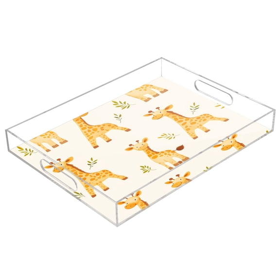 WOBOGO Acrylic Serving Trays 15.7x11.8 Inch Spill Proof Clear Decorative Organizer with Handle Cartoon Giraffe