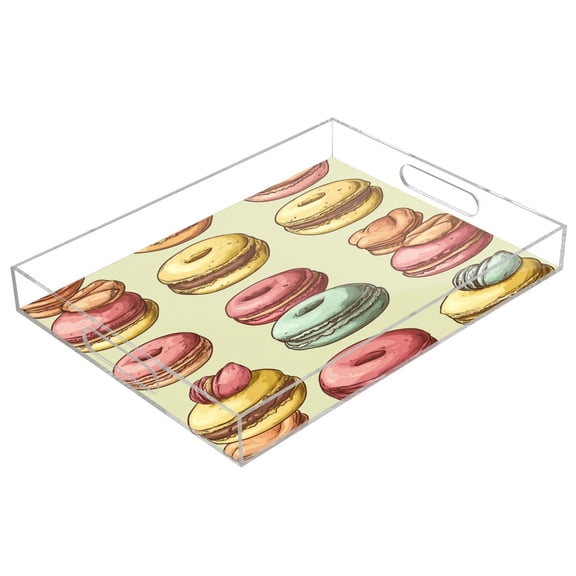 WOBOGO Acrylic Serving Trays 15.7x11.8 Inch Spill Proof Clear Decorative Organizer with Handle Cartoon Macaroons