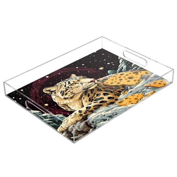 WOBOGO Acrylic Serving Trays 15.7x11.8 Inch Spill Proof Clear Decorative Organizer with Handle Cheese Snow Leopard Illustration