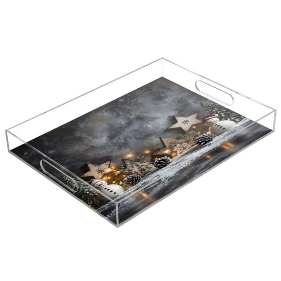 WOBOGO Acrylic Serving Trays 15.7x11.8 Inch Spill Proof Clear Decorative Organizer with Handle Christmas Backdrop Pattern