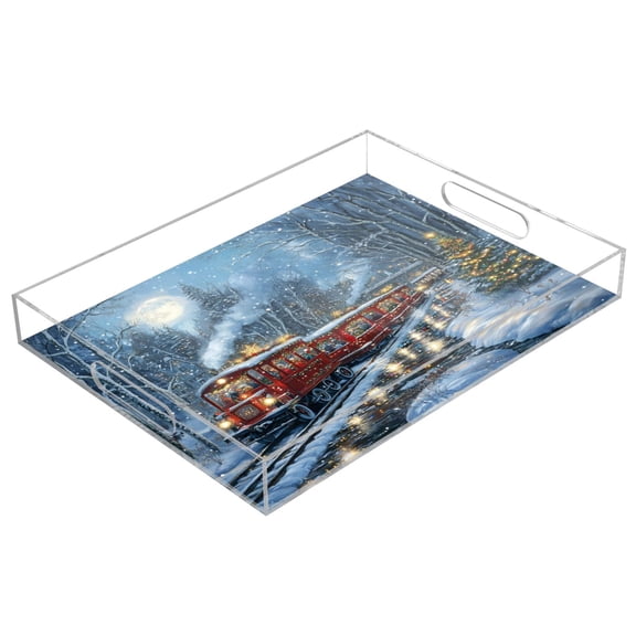 WOBOGO Acrylic Serving Trays 15.7x11.8 Inch Spill Proof Clear Decorative Organizer with Handle Christmas Train Picture