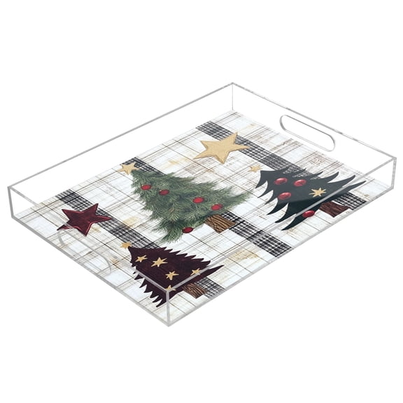 WOBOGO Acrylic Serving Trays 15.7x11.8 Inch Spill Proof Clear Decorative Organizer with Handle Christmas Trees on Black Lines Pattern