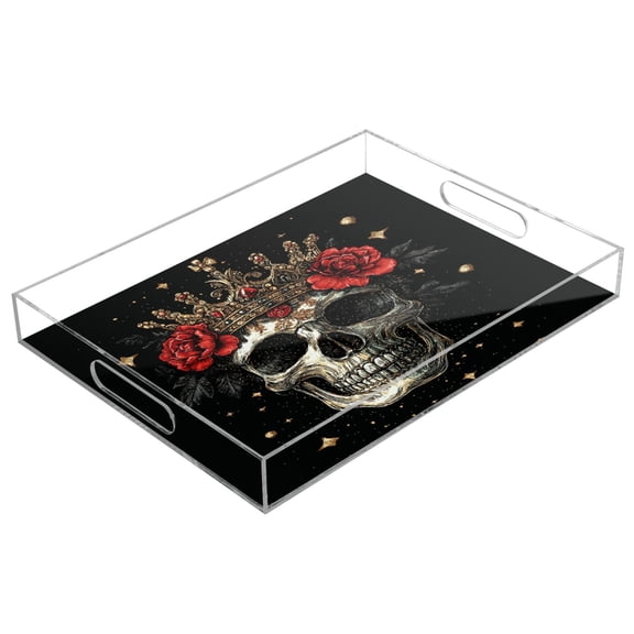 WOBOGO Acrylic Serving Trays 15.7x11.8 Inch Spill Proof Clear Decorative Organizer with Handle Crown Skull Black Pattern