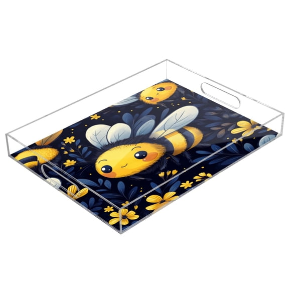 WOBOGO Acrylic Serving Trays 15.7x11.8 Inch Spill Proof Clear Decorative Organizer with Handle Cute Cartoon Bumble Bee Pattern