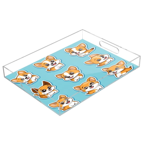 WOBOGO Acrylic Serving Trays 15.7x11.8 Inch Spill Proof Clear Decorative Organizer with Handle Cute Cartoon Dog