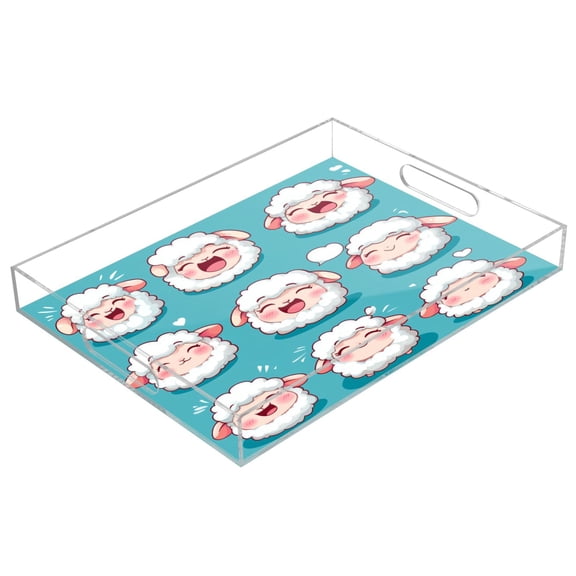 WOBOGO Acrylic Serving Trays 15.7x11.8 Inch Spill Proof Clear Decorative Organizer with Handle Cute Cartoon Fuffy Sheep