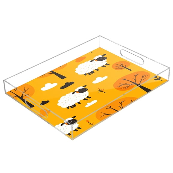 WOBOGO Acrylic Serving Trays 15.7x11.8 Inch Spill Proof Clear Decorative Organizer with Handle Cute Cartoon Sheep