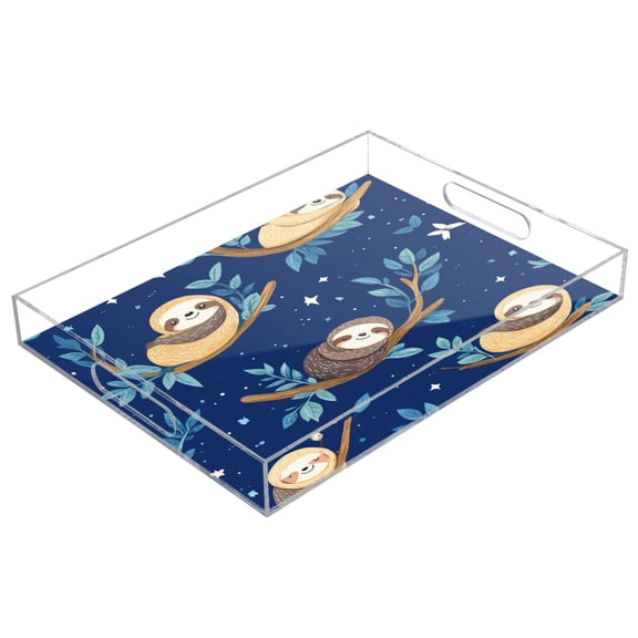 WOBOGO Acrylic Serving Trays 15.7x11.8 Inch Spill Proof Clear Decorative Organizer with Handle Cute Cartoon Sloth Pattern with Blue Background