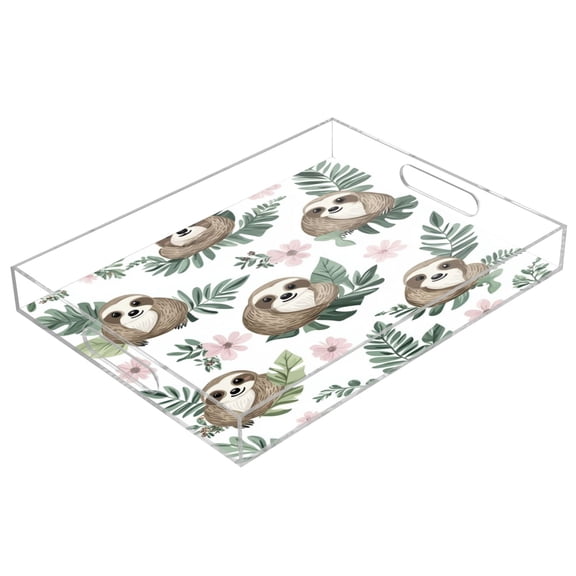 WOBOGO Acrylic Serving Trays 15.7x11.8 Inch Spill Proof Clear Decorative Organizer with Handle Cute Cartoon Sloth Pattern with Tropical Leaves