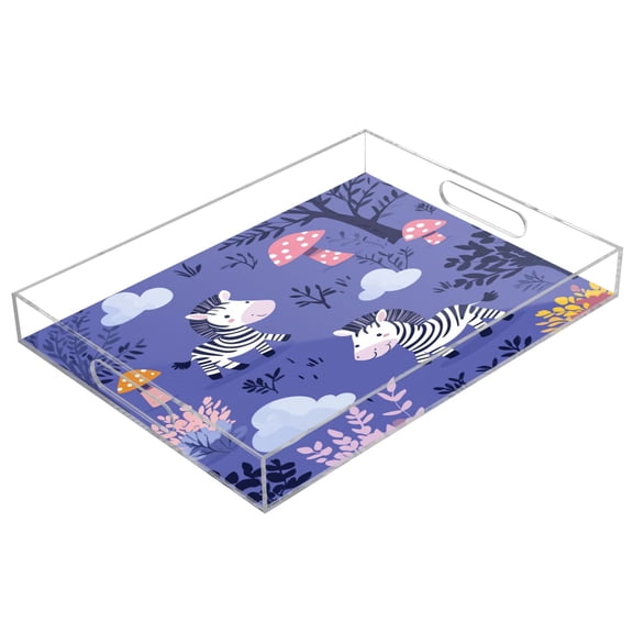 WOBOGO Acrylic Serving Trays 15.7x11.8 Inch Spill Proof Clear Decorative Organizer with Handle Cute Cartoon Zebra Pattern with Purple Background