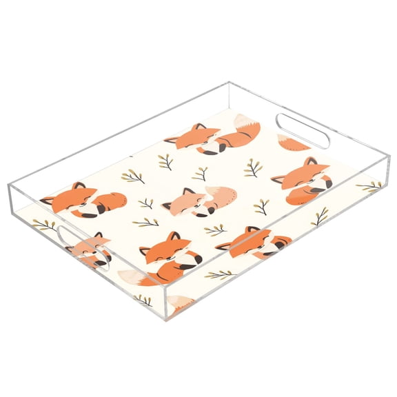 WOBOGO Acrylic Serving Trays 15.7x11.8 Inch Spill Proof Clear Decorative Organizer with Handle Cute Fox