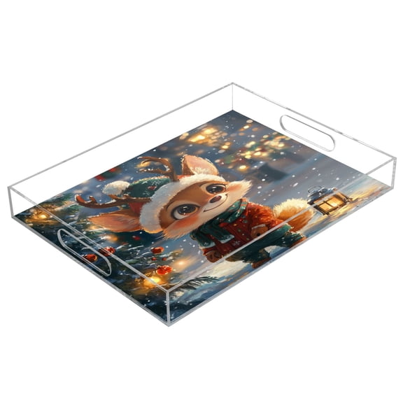 WOBOGO Acrylic Serving Trays 15.7x11.8 Inch Spill Proof Clear Decorative Organizer with Handle Cute Little Fox Wearing A Christmas Hat