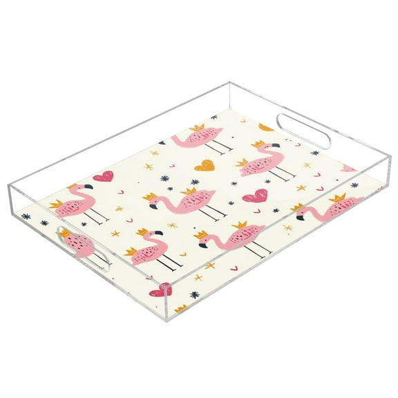 WOBOGO Acrylic Serving Trays 15.7x11.8 Inch Spill Proof Clear Decorative Organizer with Handle Cute Pink Flamingos Crowns Hearts