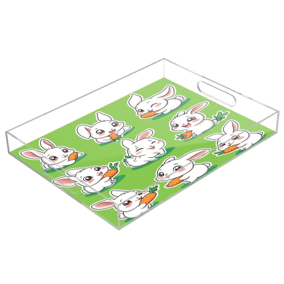 WOBOGO Acrylic Serving Trays 15.7x11.8 Inch Spill Proof Clear Decorative Organizer with Handle Cute White Rabbits Eating Carrots