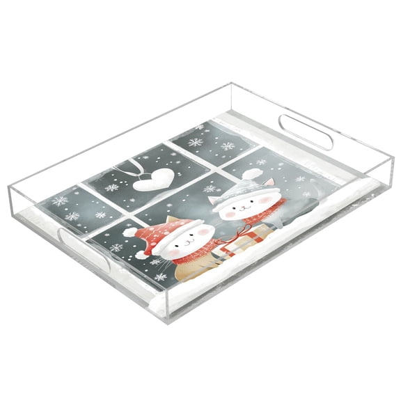 WOBOGO Acrylic Serving Trays 15.7x11.8 Inch Spill Proof Clear Decorative Organizer with Handle Cute Winter Window Scene