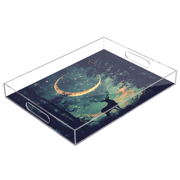 WOBOGO Acrylic Serving Trays 15.7x11.8 Inch Spill Proof Clear Decorative Organizer with Handle Deer in The Mystic Forest Pattern