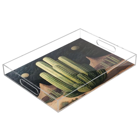WOBOGO Acrylic Serving Trays 15.7x11.8 Inch Spill Proof Clear Decorative Organizer with Handle Eldritch Cactus