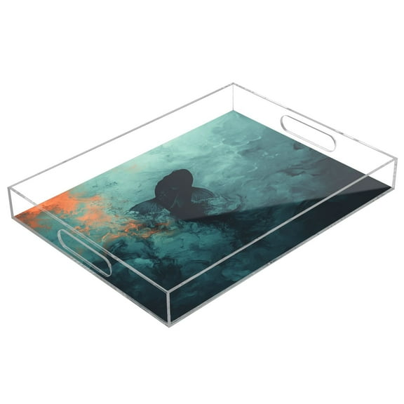 WOBOGO Acrylic Serving Trays 15.7x11.8 Inch Spill Proof Clear Decorative Organizer with Handle Fish Of The Deep