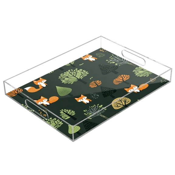 WOBOGO Acrylic Serving Trays 15.7x11.8 Inch Spill Proof Clear Decorative Organizer with Handle Foxes in The Forest
