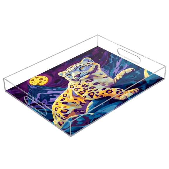 WOBOGO Acrylic Serving Trays 15.7x11.8 Inch Spill Proof Clear Decorative Organizer with Handle Full Moon Snow Leopard