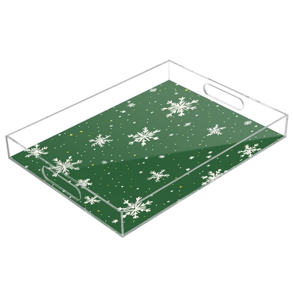 WOBOGO Acrylic Serving Trays 15.7x11.8 Inch Spill Proof Clear Decorative Organizer with Handle Green Background with Snowflakes