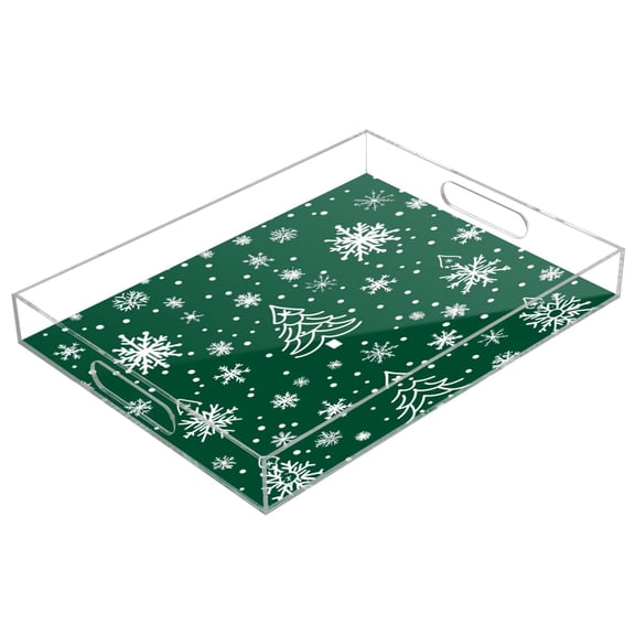 WOBOGO Acrylic Serving Trays 15.7x11.8 Inch Spill Proof Clear Decorative Organizer with Handle Green Christmas Tree