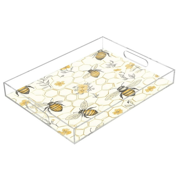 WOBOGO Acrylic Serving Trays 15.7x11.8 Inch Spill Proof Clear Decorative Organizer with Handle Honeycomb with Bees Pattern