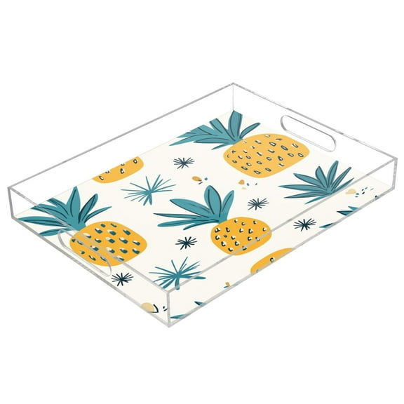 WOBOGO Acrylic Serving Trays 15.7x11.8 Inch Spill Proof Clear Decorative Organizer with Handle Illustration Of Pineapples with White Background