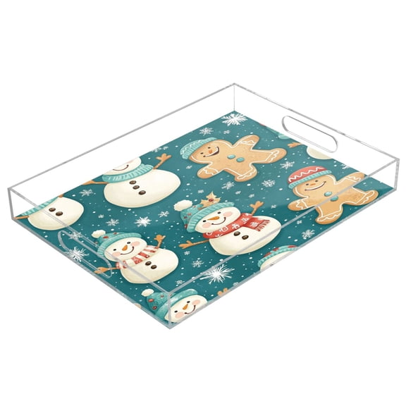 WOBOGO Acrylic Serving Trays 15.7x11.8 Inch Spill Proof Clear Decorative Organizer with Handle Illustration Of Snowmen and Gingerbread Cookies