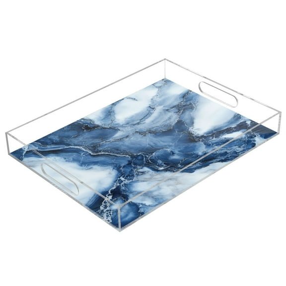 WOBOGO Acrylic Serving Trays 15.7x11.8 Inch Spill Proof Clear Decorative Organizer with Handle Ink Blue White Marble