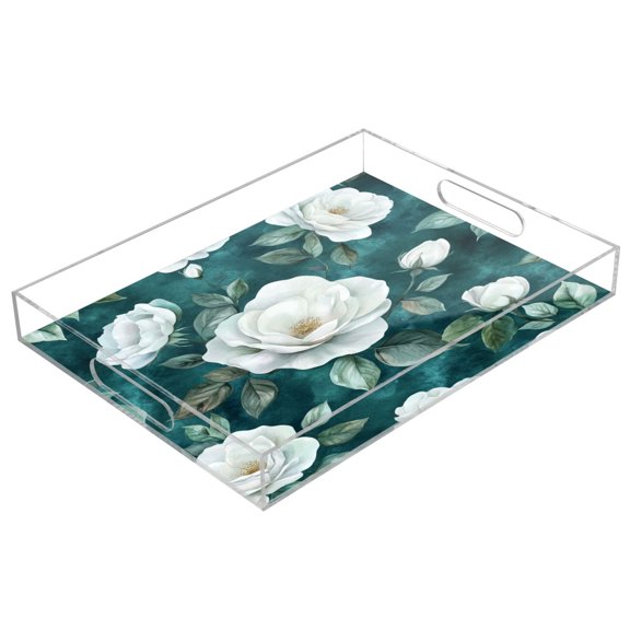 WOBOGO Acrylic Serving Trays 15.7x11.8 Inch Spill Proof Clear Decorative Organizer with Handle Large White Roses Pattern