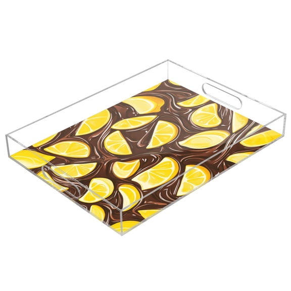 WOBOGO Acrylic Serving Trays 15.7x11.8 Inch Spill Proof Clear Decorative Organizer with Handle Lemon Chocolate Pattern