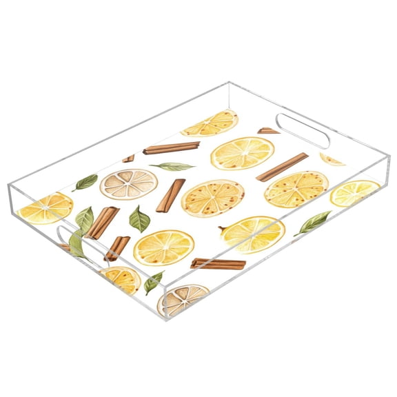 WOBOGO Acrylic Serving Trays 15.7x11.8 Inch Spill Proof Clear Decorative Organizer with Handle Lemon Cinnamon Pattern