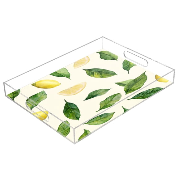 WOBOGO Acrylic Serving Trays 15.7x11.8 Inch Spill Proof Clear Decorative Organizer with Handle Lemon Leaf