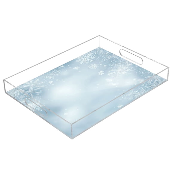 WOBOGO Acrylic Serving Trays 15.7x11.8 Inch Spill Proof Clear Decorative Organizer with Handle Light Blue Background with Snowflakes